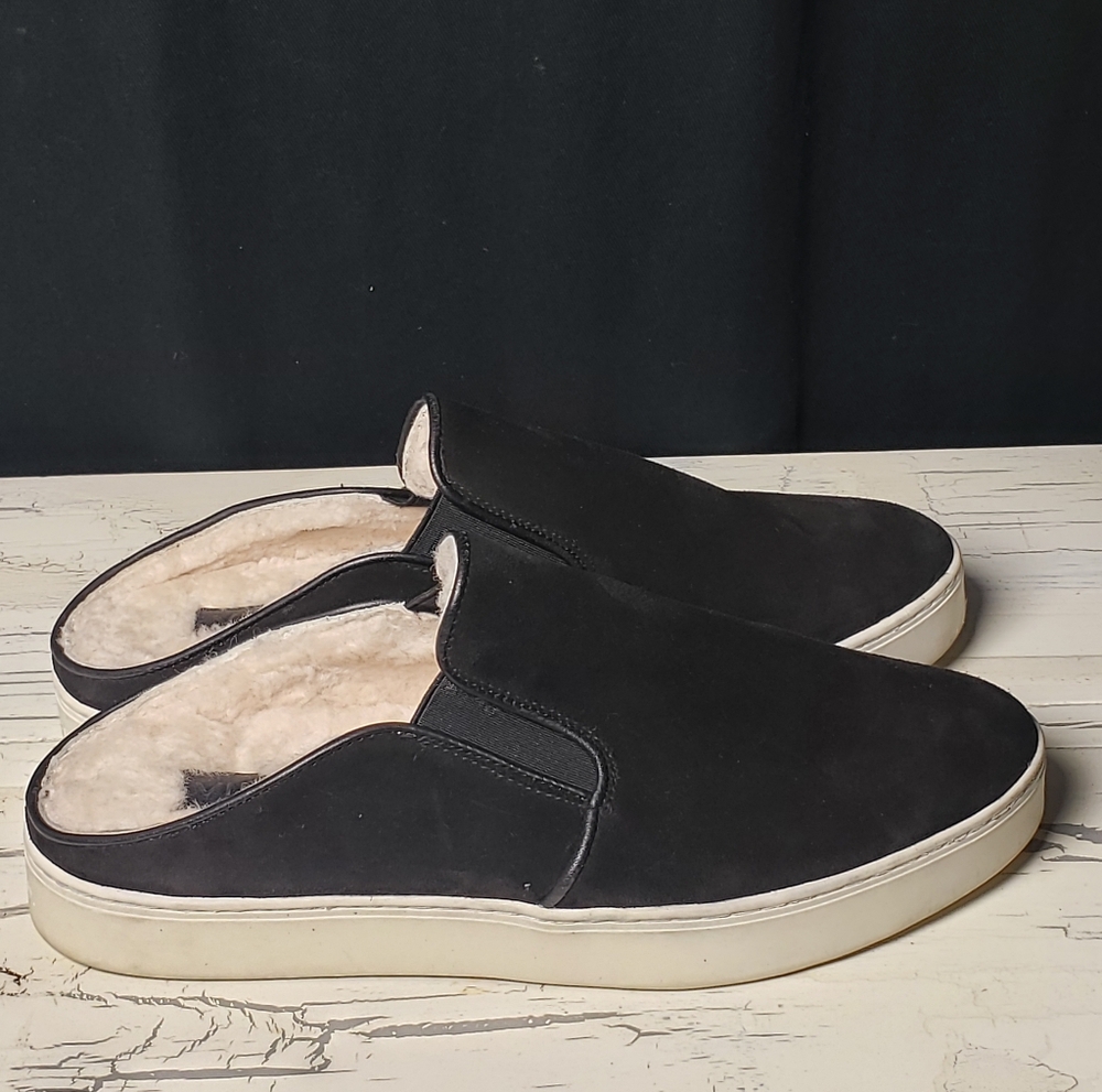Vince 'Garvey' Lamb's Fur Slip-On  Suede Mules in Black - Women's size 7